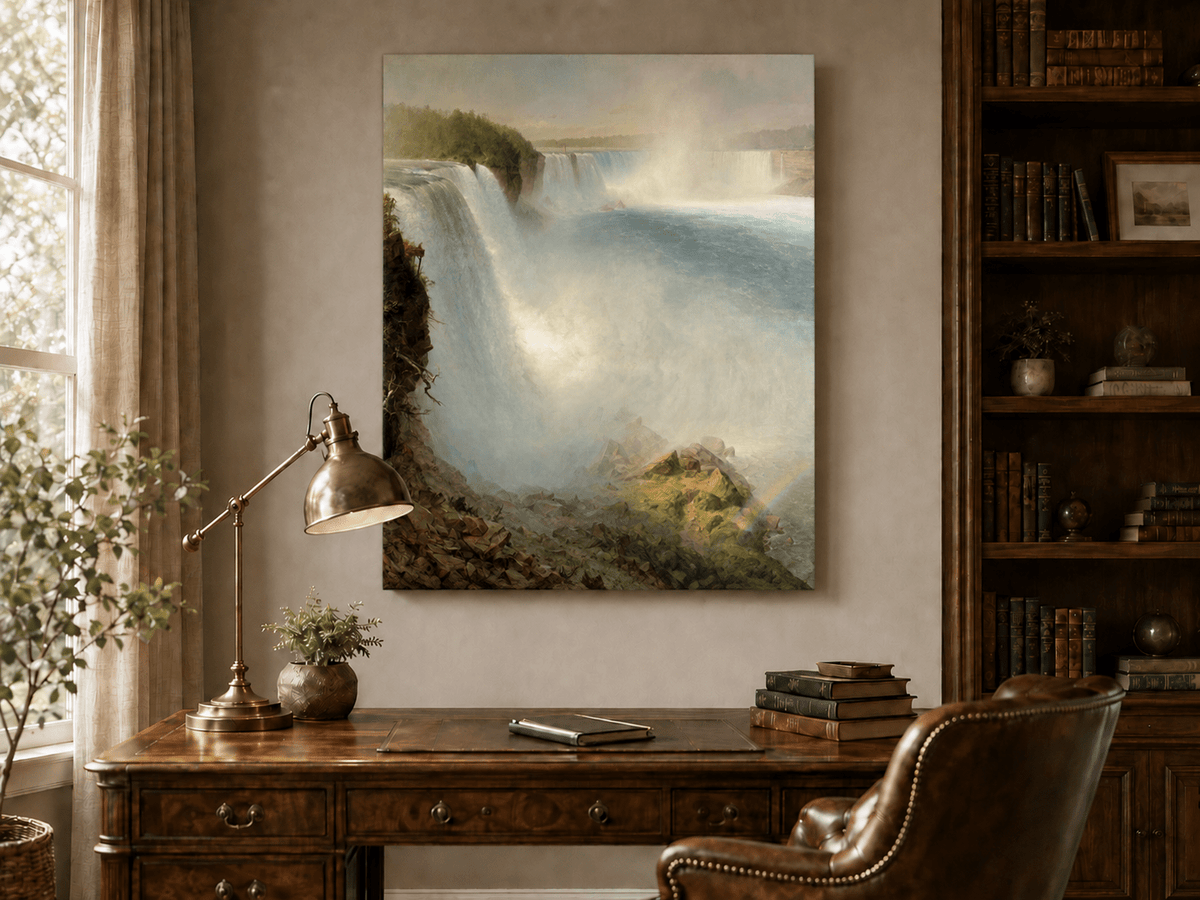 Interior wall art view featuring Niagara Falls with thundering water and mist oil painting.