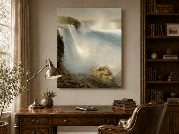 Interior wall art view featuring Niagara Falls with thundering water and mist oil painting.