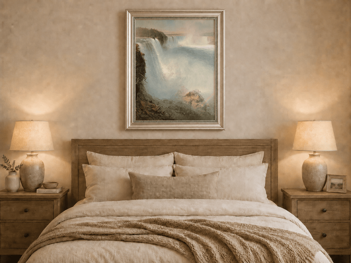 Hand-painted Niagara Falls with mist displayed as decorative wall art.