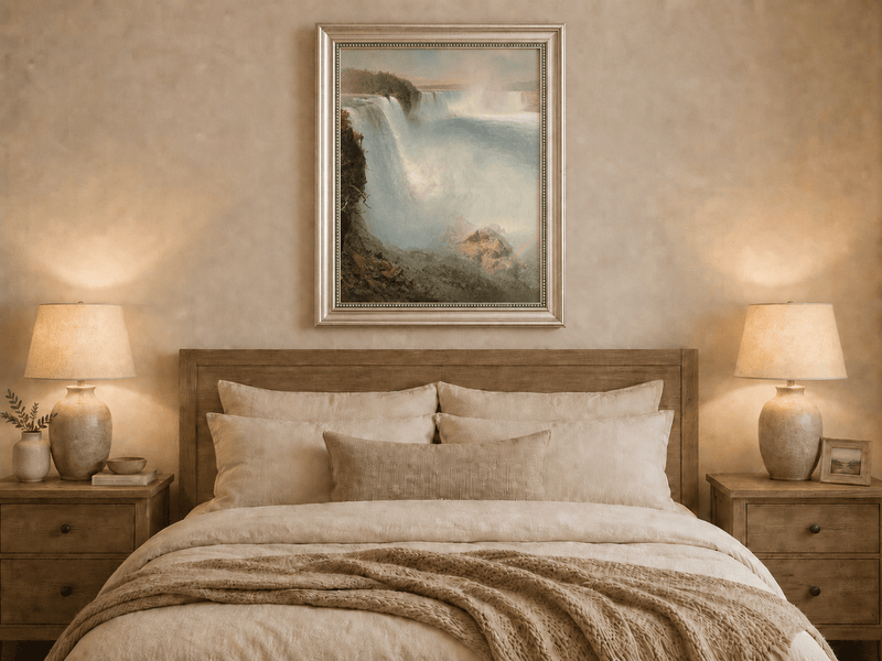 Hand-painted Niagara Falls with mist displayed as decorative wall art.