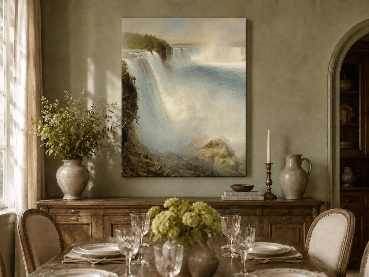 Hand-painted Niagara waterfall landscape artwork in an interior display.