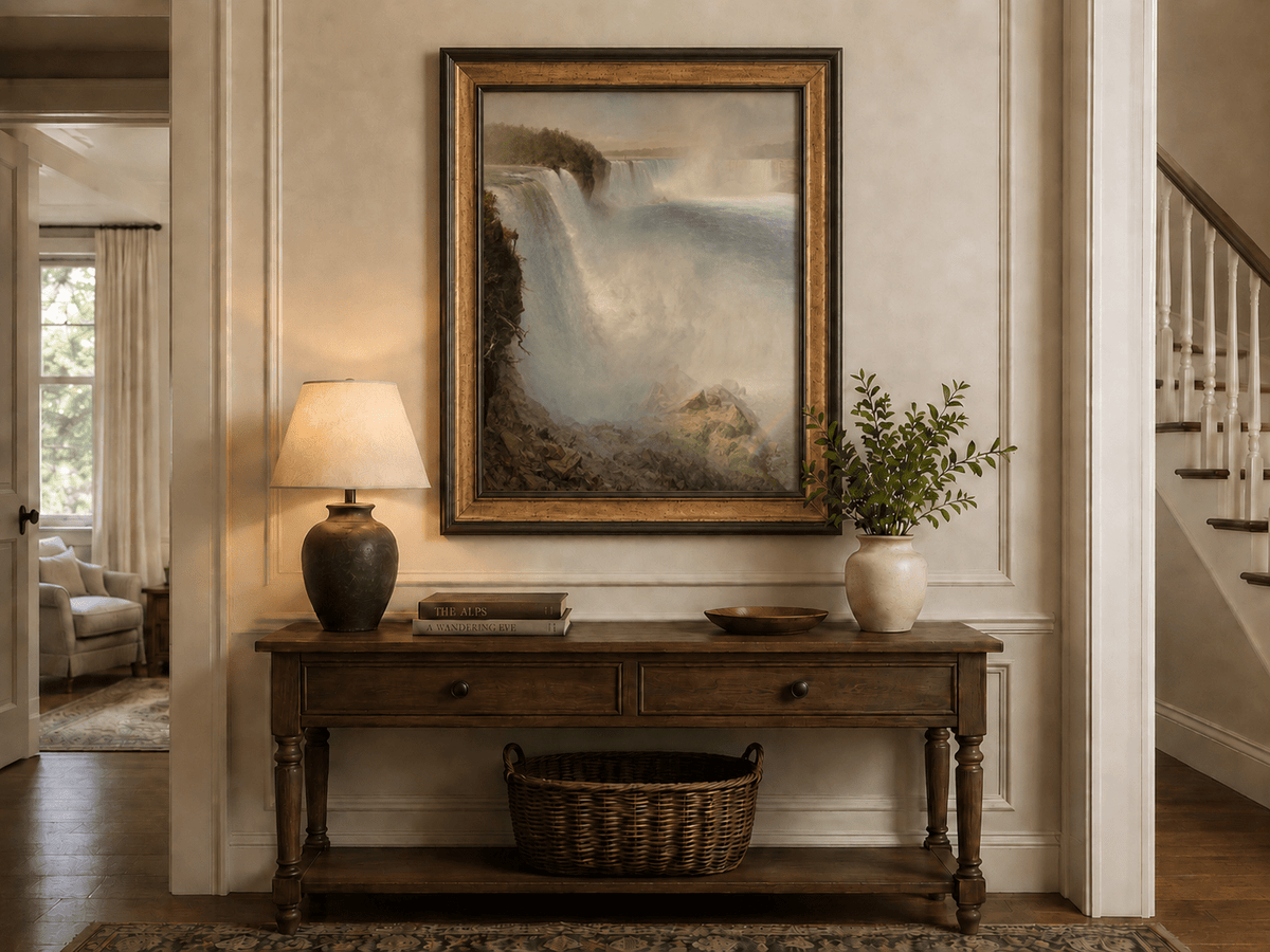 Niagara Falls, powerful water and mist hand-painted oil artwork shown as home wall decor.