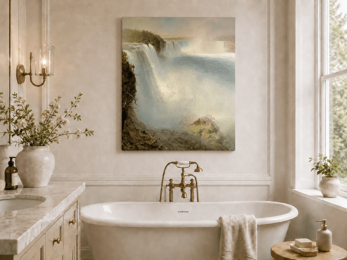 Niagara Falls with thundering water and mist landscape oil painting presented as styled home decor.