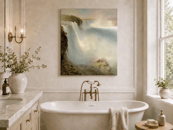 Niagara Falls with thundering water and mist landscape oil painting presented as styled home decor.