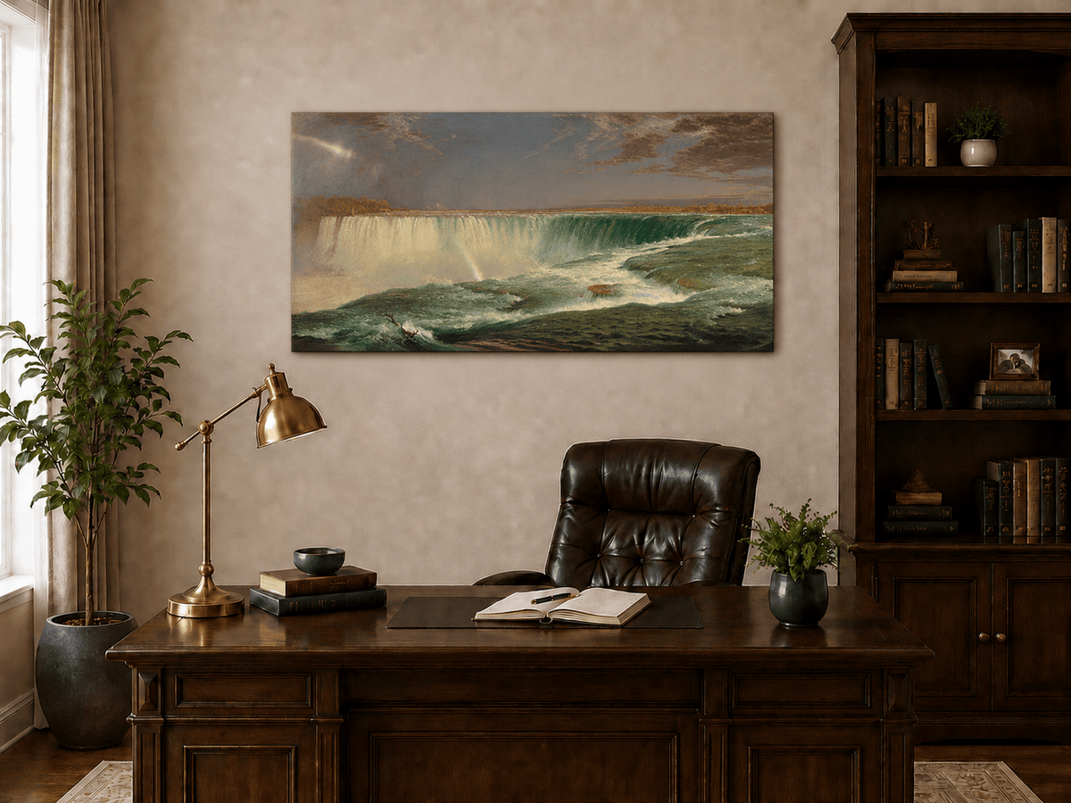 Interior wall art view featuring Niagara Falls with turquoise waters and rainbow oil painting.