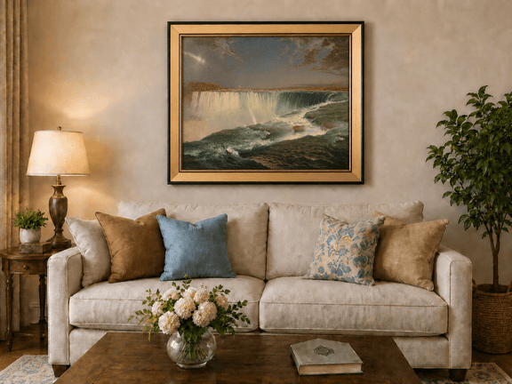 Niagara Falls with turquoise waters and rainbow landscape oil painting displayed in a styled home interior.