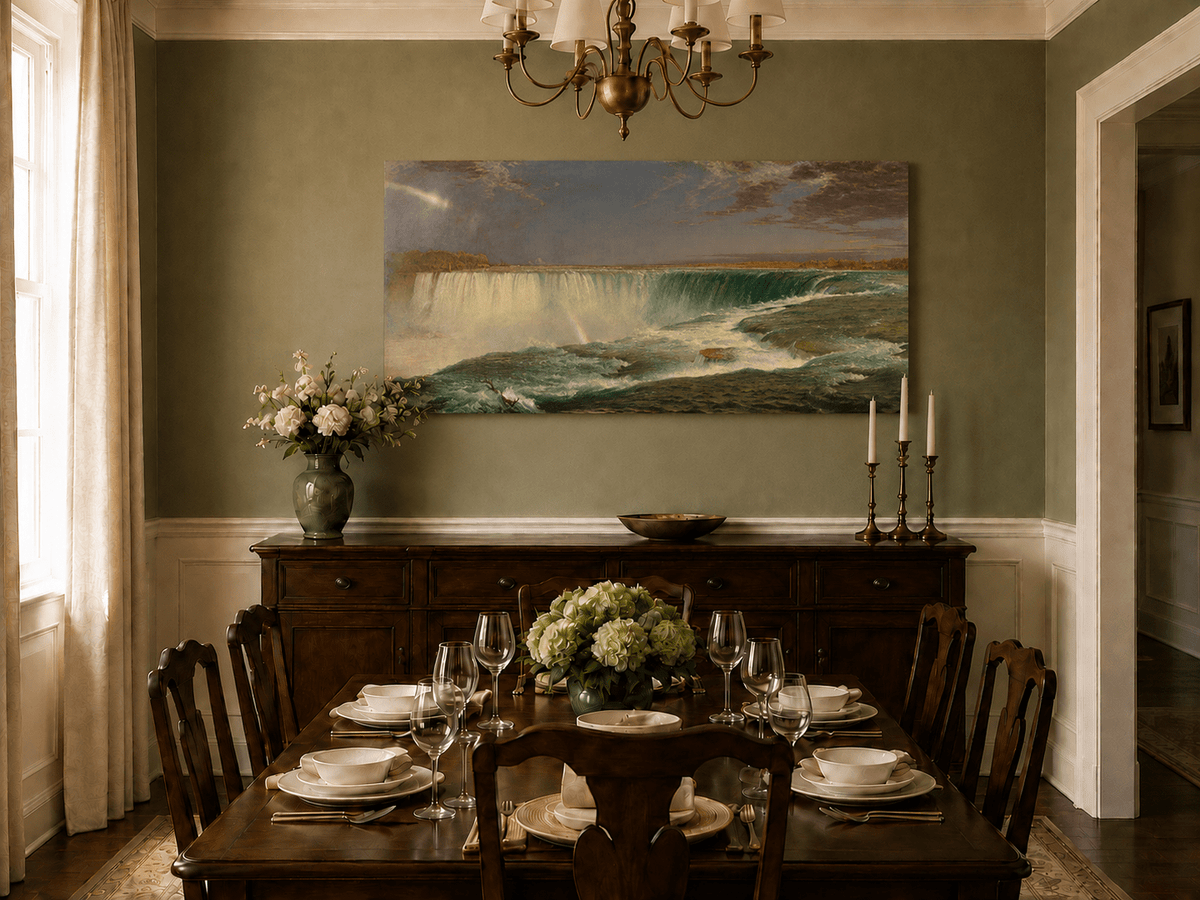 Hand-painted turquoise Niagara waterfall landscape artwork in an interior display.