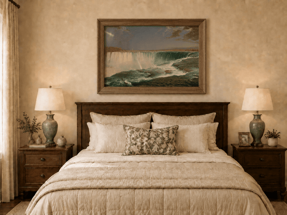 Hand-painted Niagara Falls with turquoise water and rainbow displayed as decorative wall art.