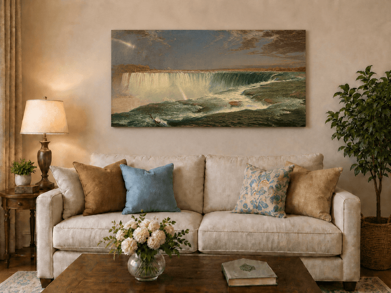 Turquoise waterfall and rainbow hand-painted oil artwork displayed in a second interior view.