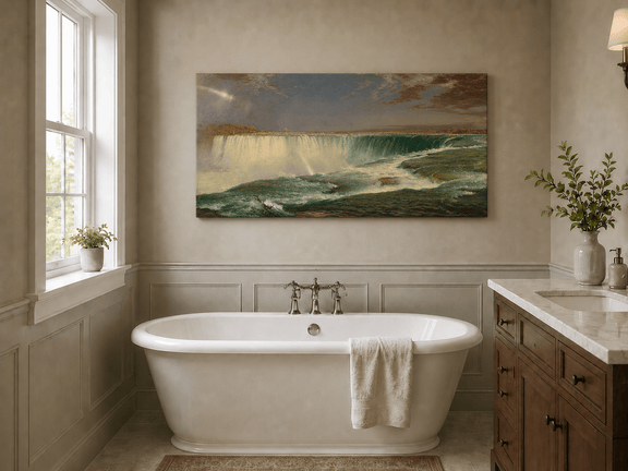 Niagara Falls with turquoise waters and rainbow landscape oil painting presented as styled home decor.