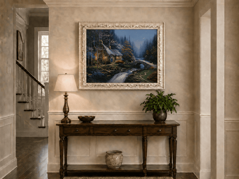 Landscape Oil Painting - Night Thatched Cottage Lit Stone Bridge