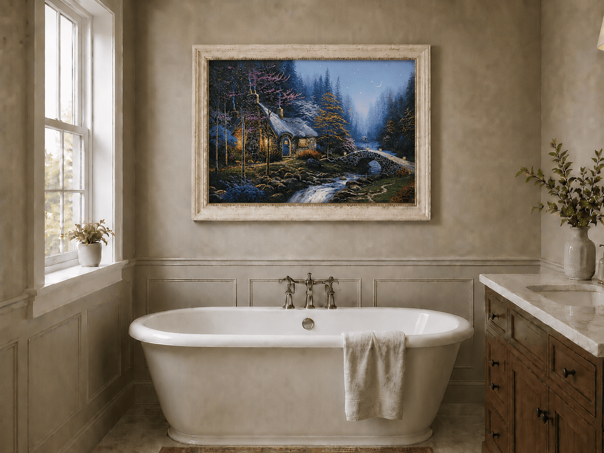 Landscape Oil Painting - Night Thatched Cottage Lit Stone Bridge