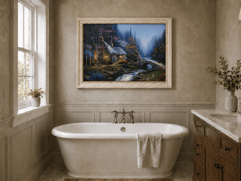 Landscape Oil Painting - Night Thatched Cottage Lit Stone Bridge
