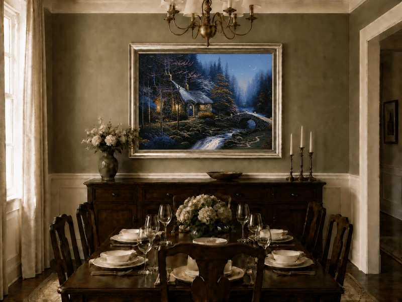 Landscape Oil Painting - Night Thatched Cottage Lit Stone Bridge