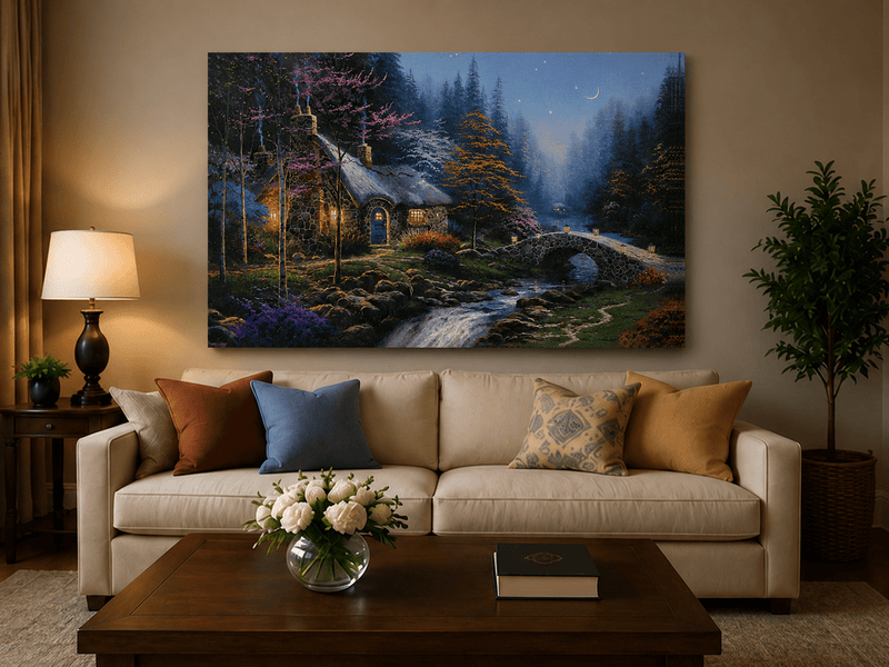 Landscape Oil Painting - Night Thatched Cottage Lit Stone Bridge