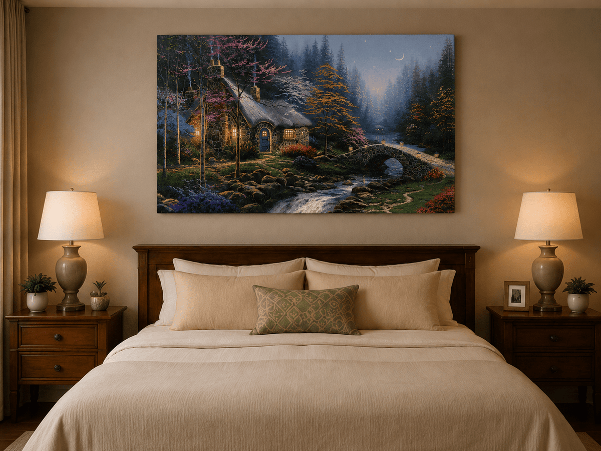 Landscape Oil Painting - Night Thatched Cottage Lit Stone Bridge