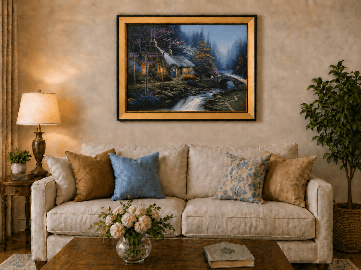 Landscape Oil Painting - Night Thatched Cottage Lit Stone Bridge