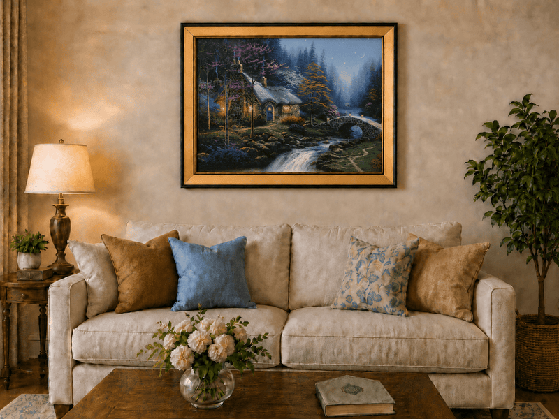 Landscape Oil Painting - Night Thatched Cottage Lit Stone Bridge
