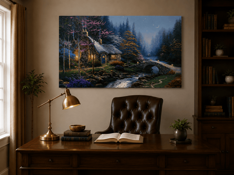 Landscape Oil Painting - Night Thatched Cottage Lit Stone Bridge