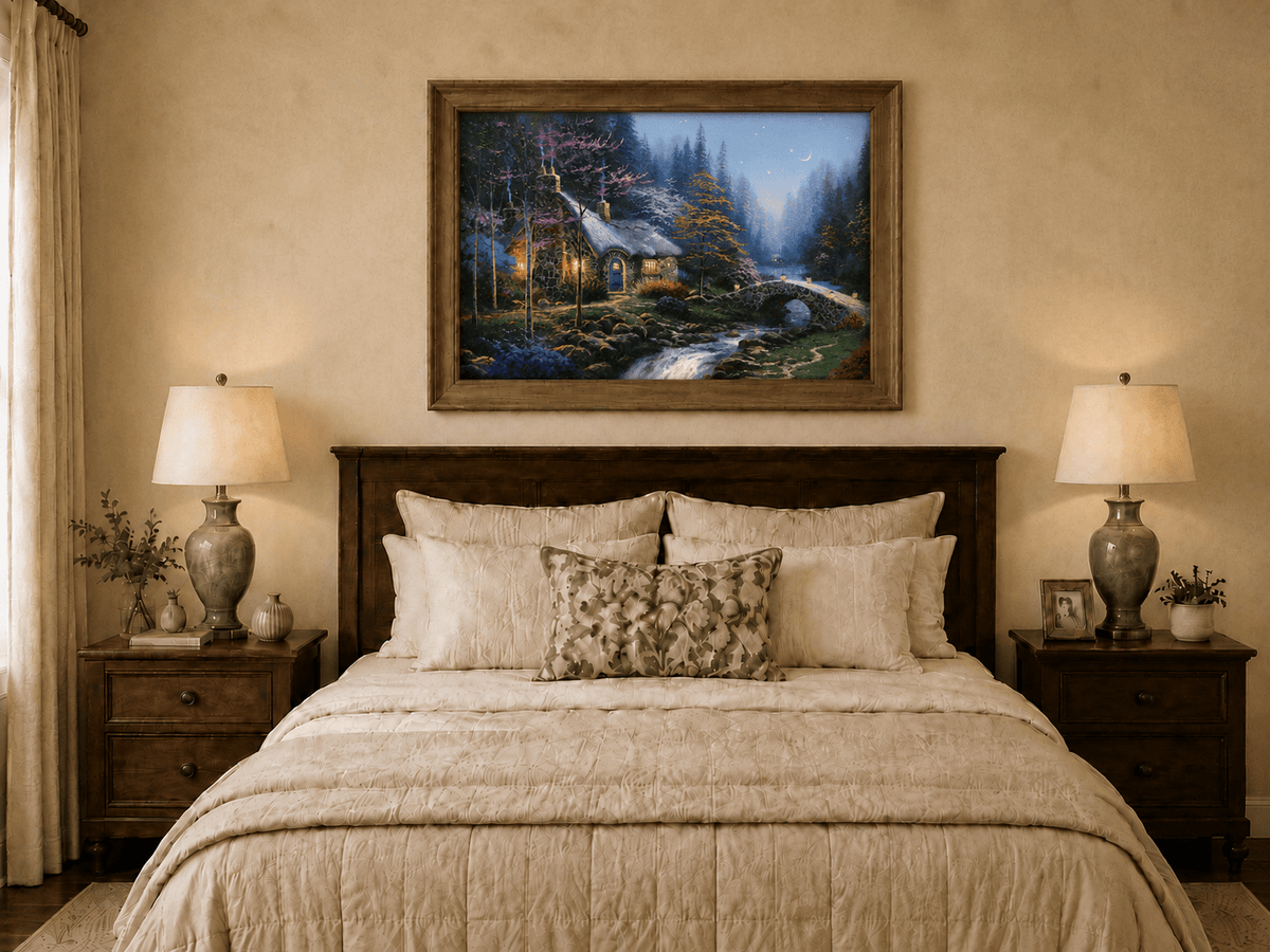 Landscape Oil Painting - Night Thatched Cottage Lit Stone Bridge