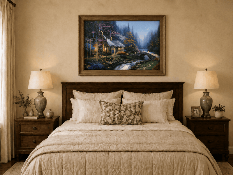 Landscape Oil Painting - Night Thatched Cottage Lit Stone Bridge