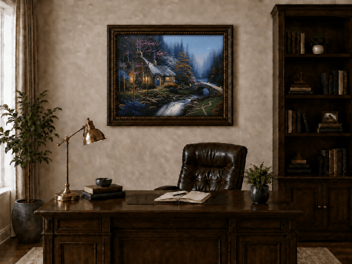 Landscape Oil Painting - Night Thatched Cottage Lit Stone Bridge