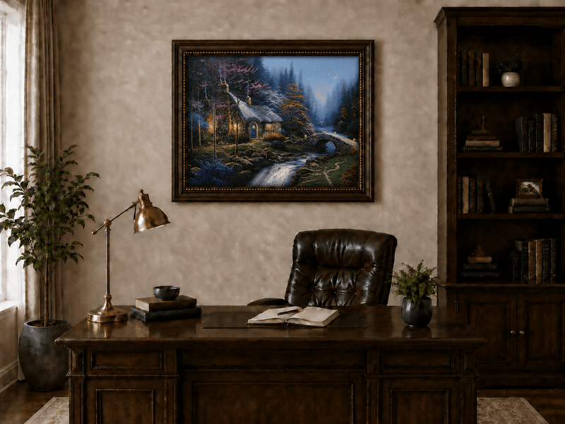 Landscape Oil Painting - Night Thatched Cottage Lit Stone Bridge