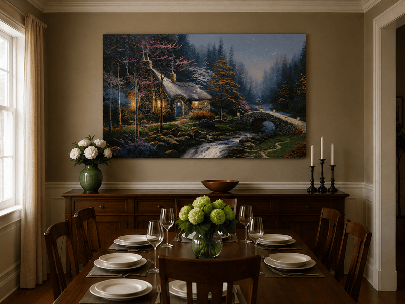 Landscape Oil Painting - Night Thatched Cottage Lit Stone Bridge