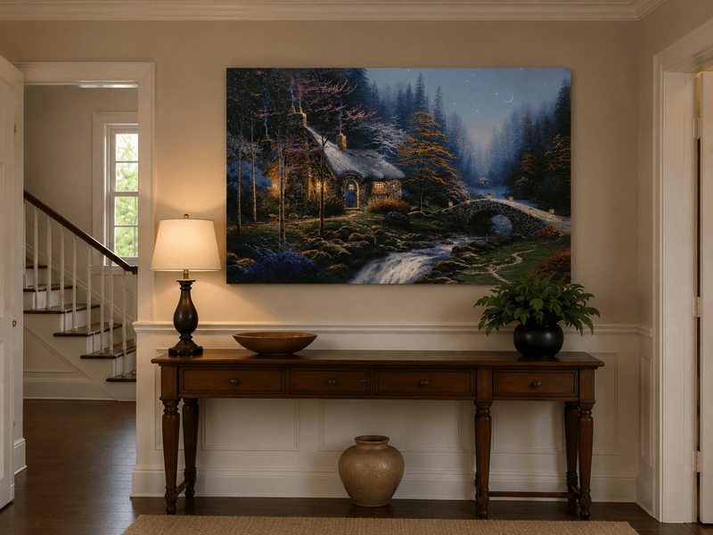 Landscape Oil Painting - Night Thatched Cottage Lit Stone Bridge