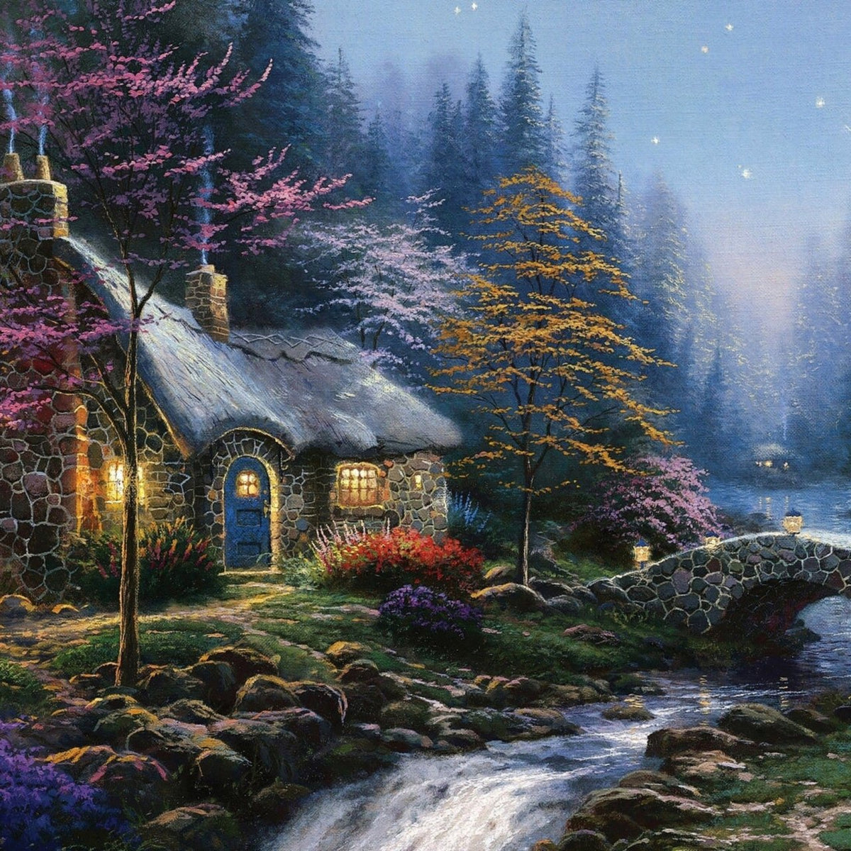 Landscape Oil Painting - Night Thatched Cottage With Lit Stone Bridge - Oil Painting Haven