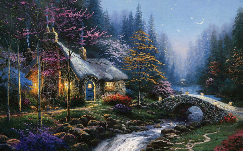Landscape Oil Painting - Night Thatched Cottage With Lit Stone Bridge - Oil Painting Haven