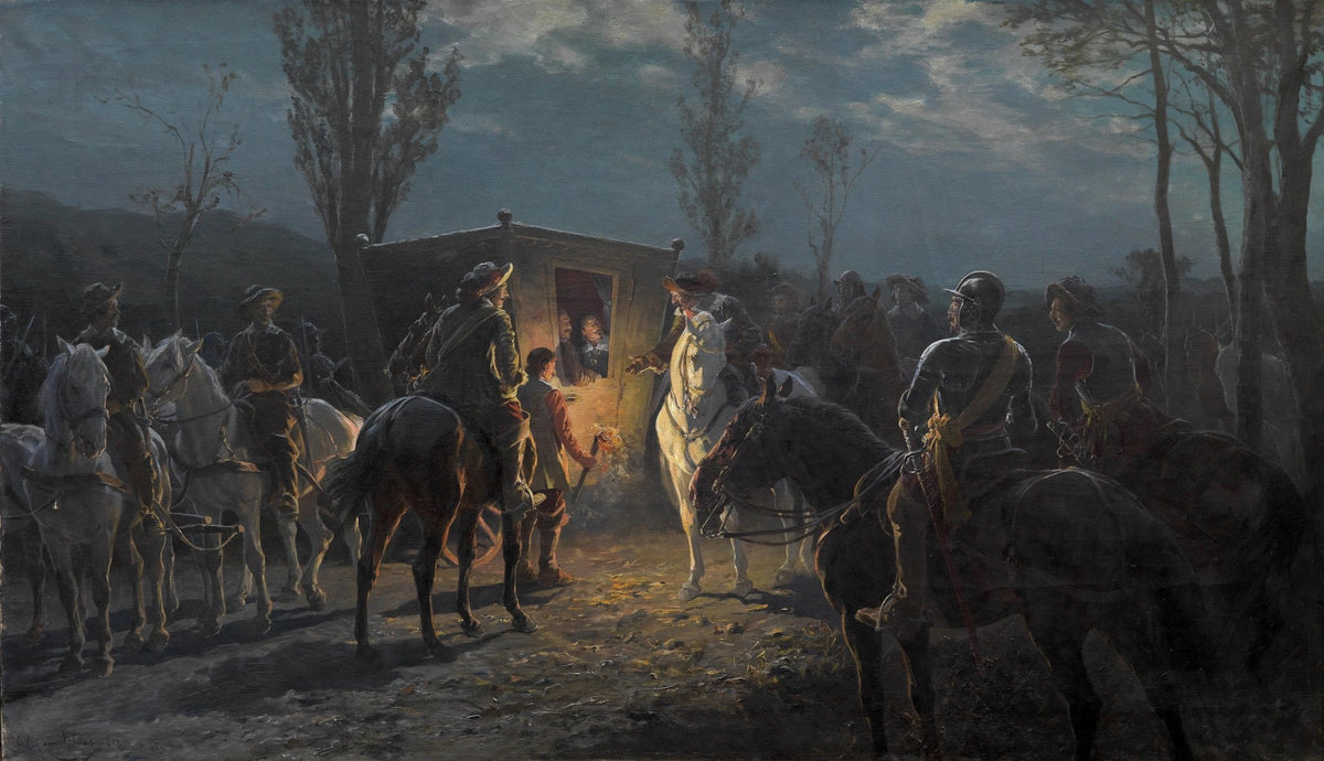 Landscape Oil Painting - Nighttime Carriage & Mounted Figures, Torchlight - Oil Painting Haven