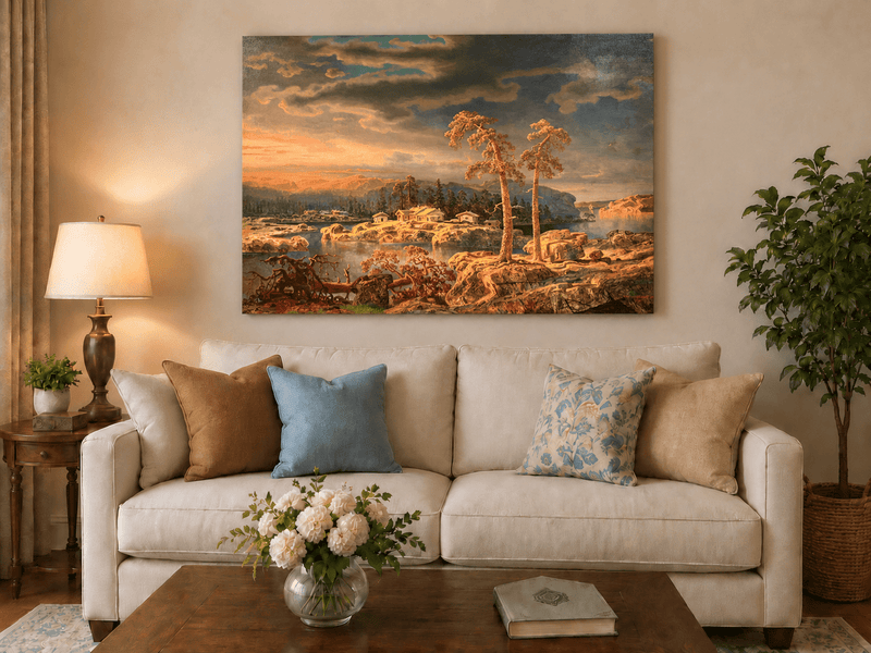 Peinture à l'huile de paysage - Village côtier avec phare et coucher de soleil