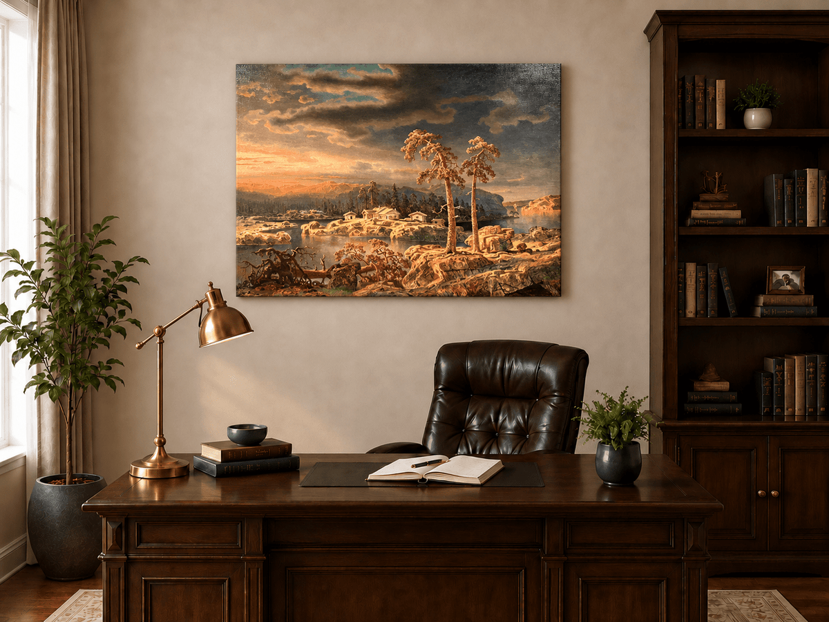 Peinture à l'huile de paysage - Village côtier avec phare et coucher de soleil
