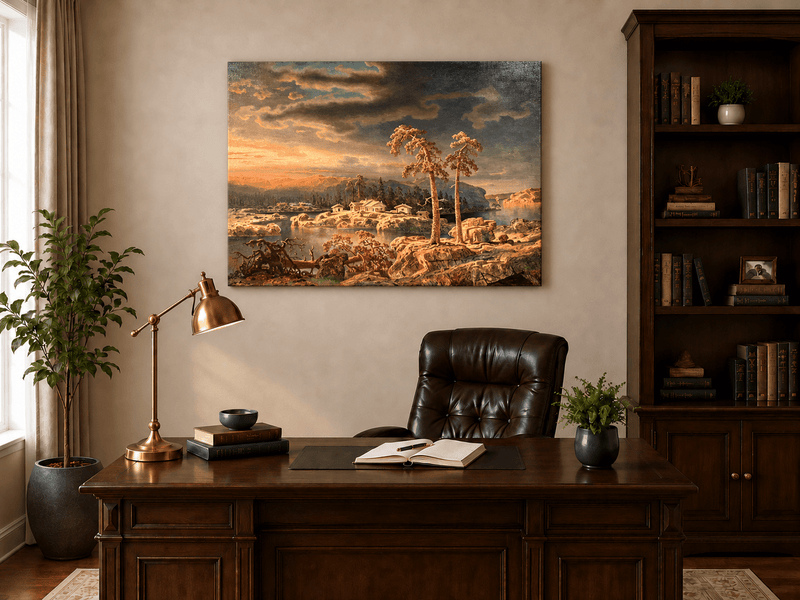 Peinture à l'huile de paysage - Village côtier avec phare et coucher de soleil