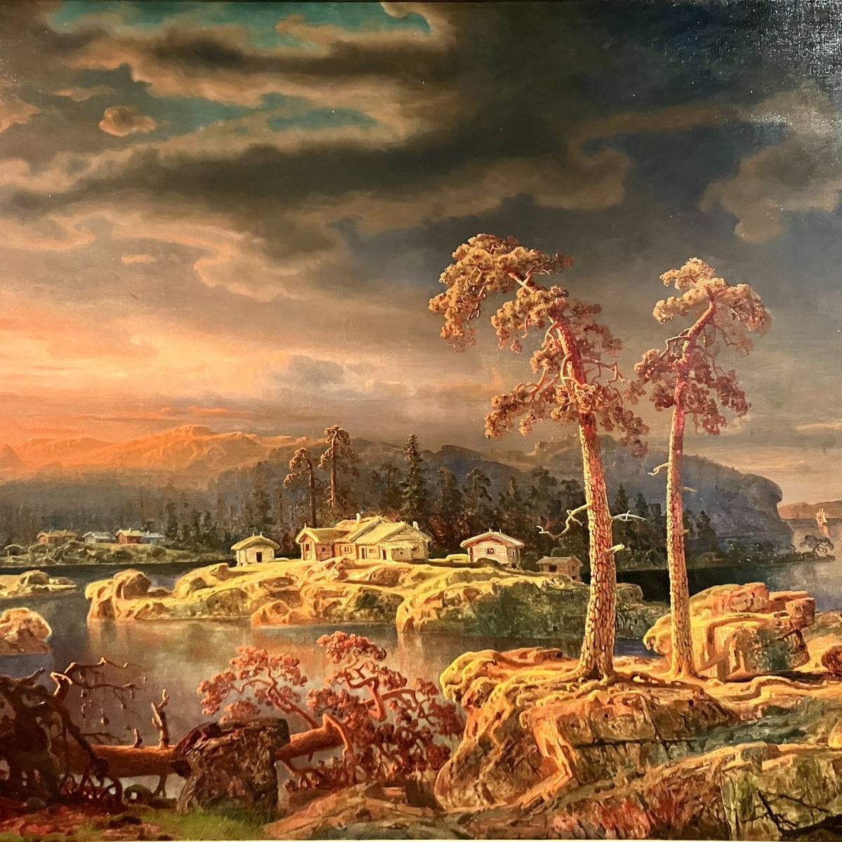 Hand-painted nordic lake sunset with pines and cabins landscape oil painting on canvas
