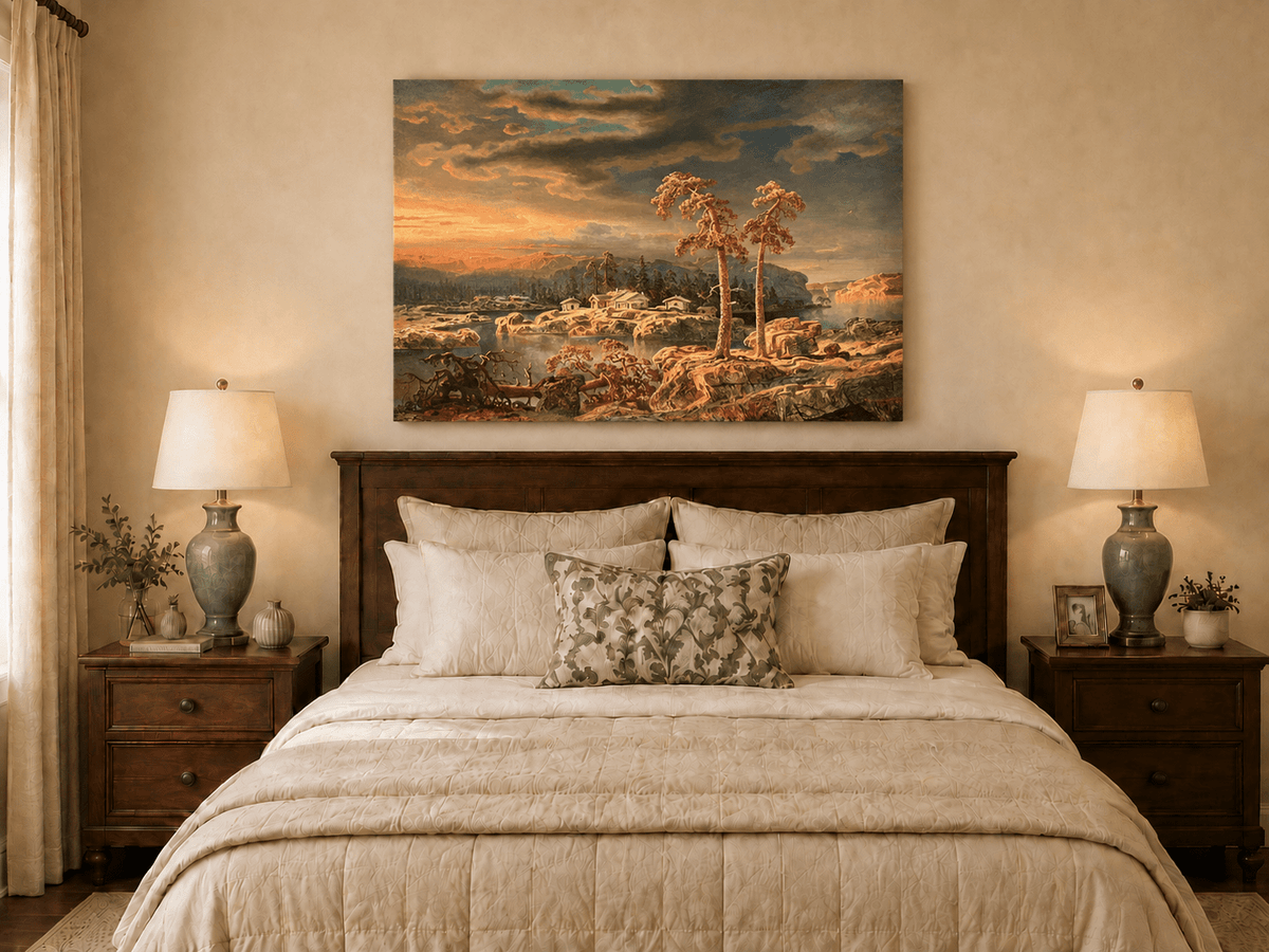 Peinture à l'huile de paysage - Village côtier avec phare et coucher de soleil