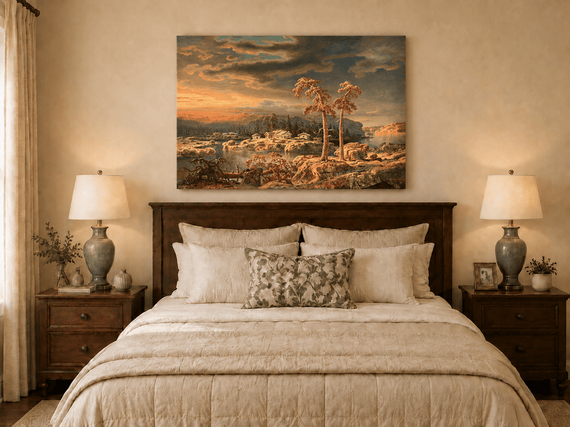 Peinture à l'huile de paysage - Village côtier avec phare et coucher de soleil