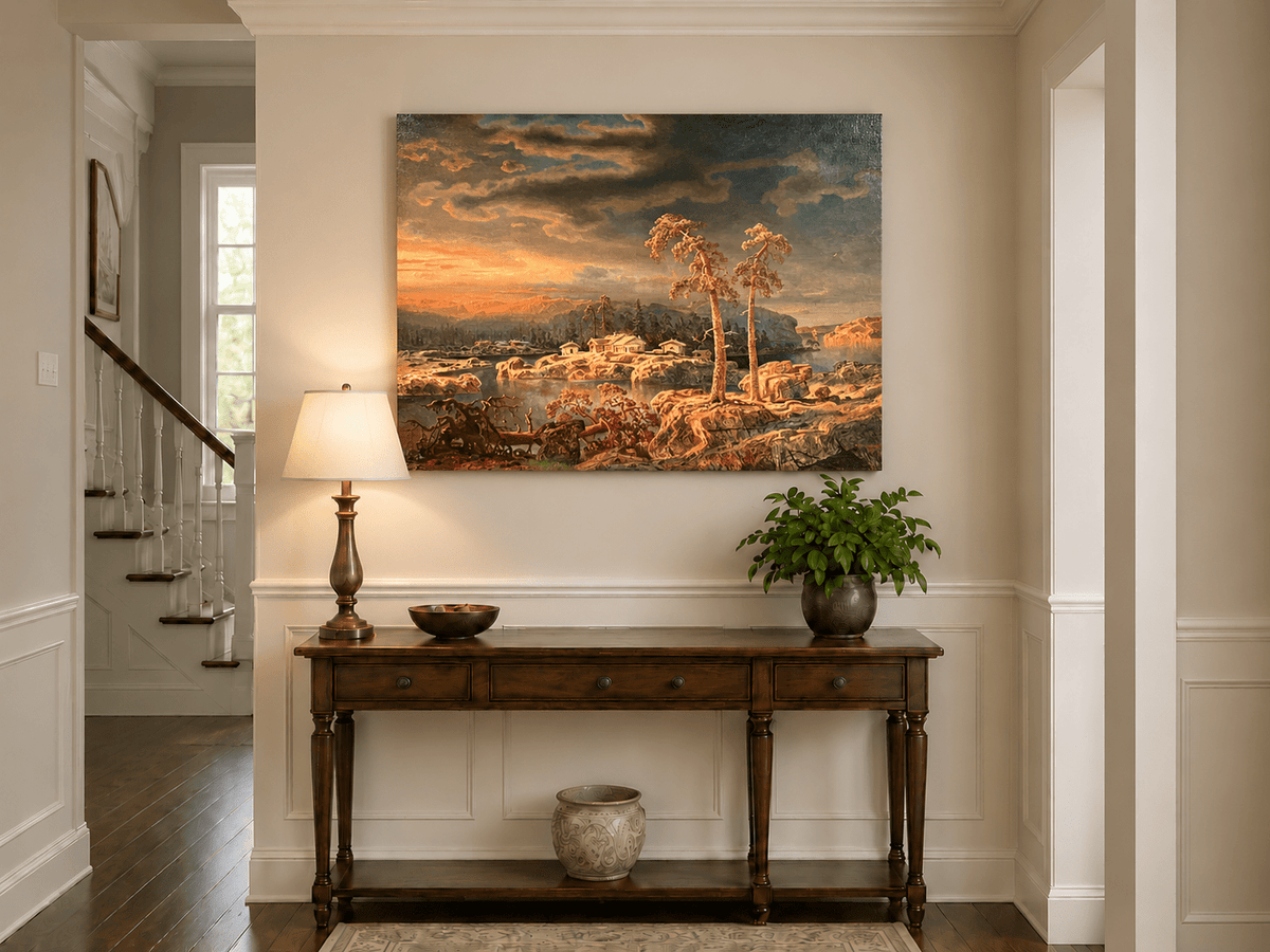 Peinture à l'huile de paysage - Village côtier avec phare et coucher de soleil