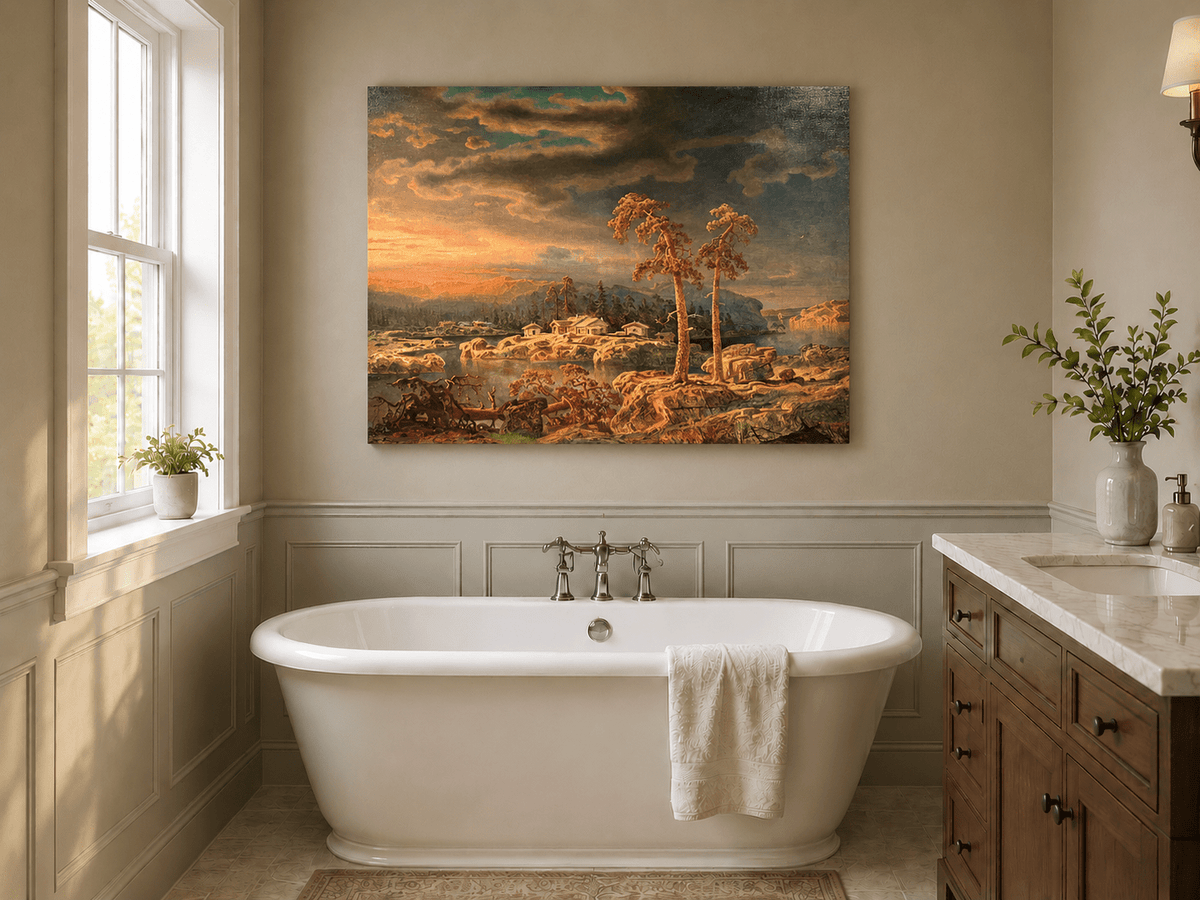 Peinture à l'huile de paysage - Village côtier avec phare et coucher de soleil