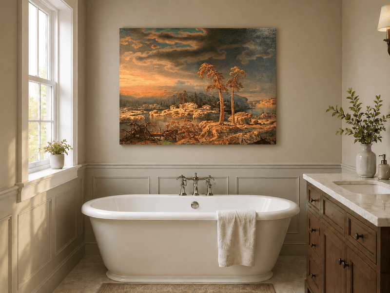 Peinture à l'huile de paysage - Village côtier avec phare et coucher de soleil
