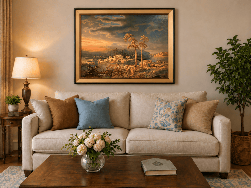 Peinture à l'huile de paysage - Village côtier avec phare et coucher de soleil