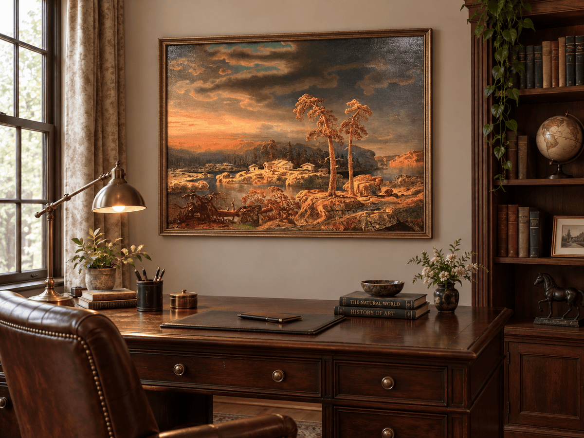 Peinture à l'huile de paysage - Village côtier avec phare et coucher de soleil