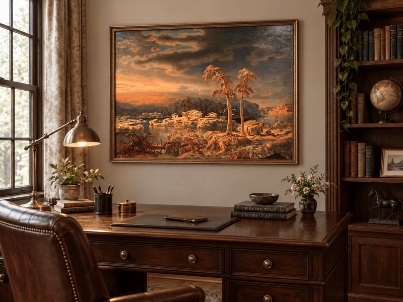 Peinture à l'huile de paysage - Village côtier avec phare et coucher de soleil