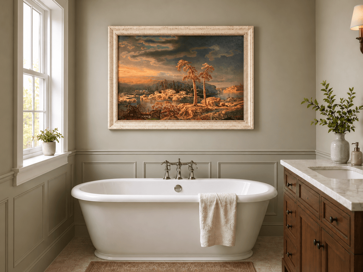 Peinture à l'huile de paysage - Village côtier avec phare et coucher de soleil