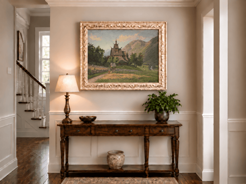 Peinture à l'huile de paysage - Église nordique en bois dans une vallée de montagne