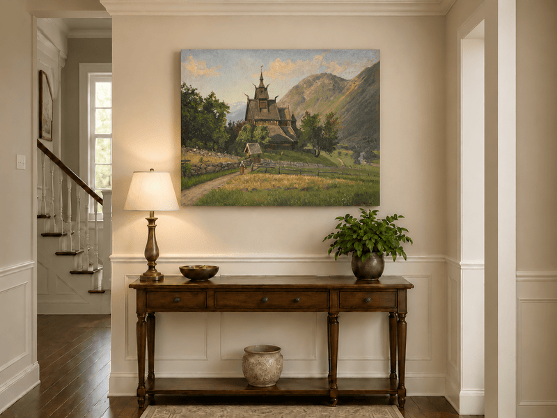 Peinture à l'huile de paysage - Église nordique en bois dans une vallée de montagne
