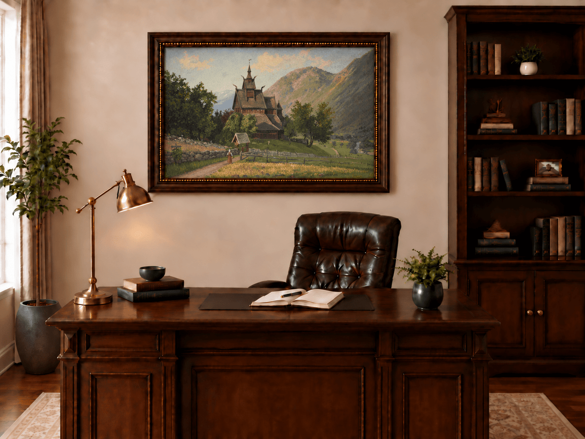 Peinture à l'huile de paysage - Église nordique en bois dans une vallée de montagne