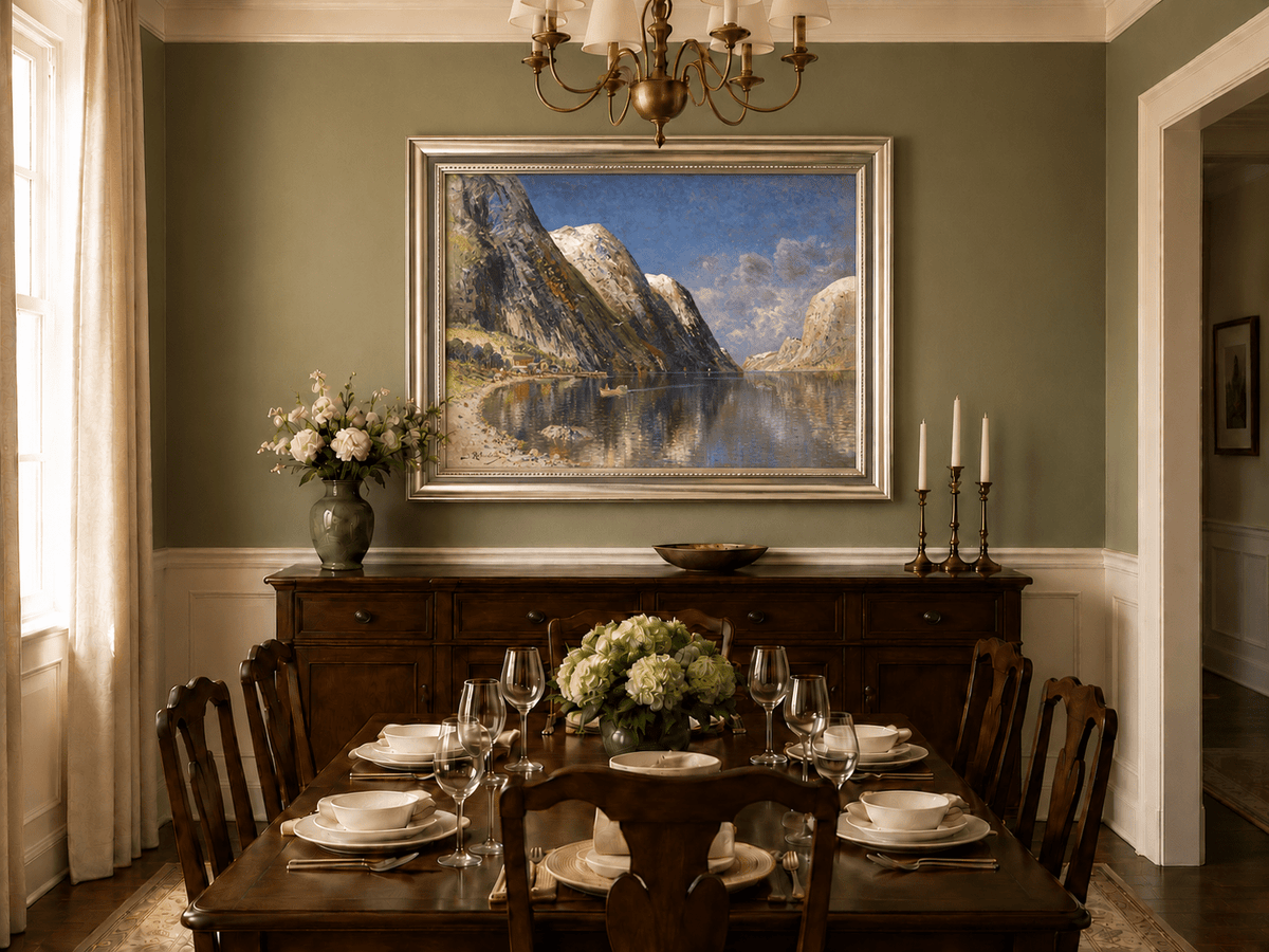 Landscape Oil Painting - Norwegian Fjord, Snow-Capped Peaks