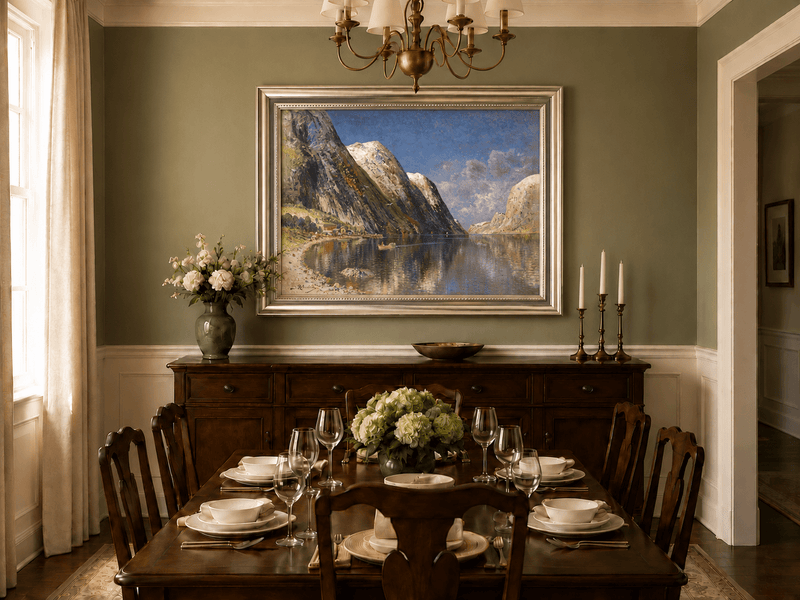 Landscape Oil Painting - Norwegian Fjord, Snow-Capped Peaks